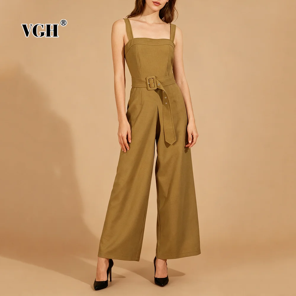 

VGH однотонный модный комбинезон для женщин с квадратным воротником без рукавов и высокой талией в стиле пэчворк с поясом и широкими штанинами, женские осенние комбинезоны