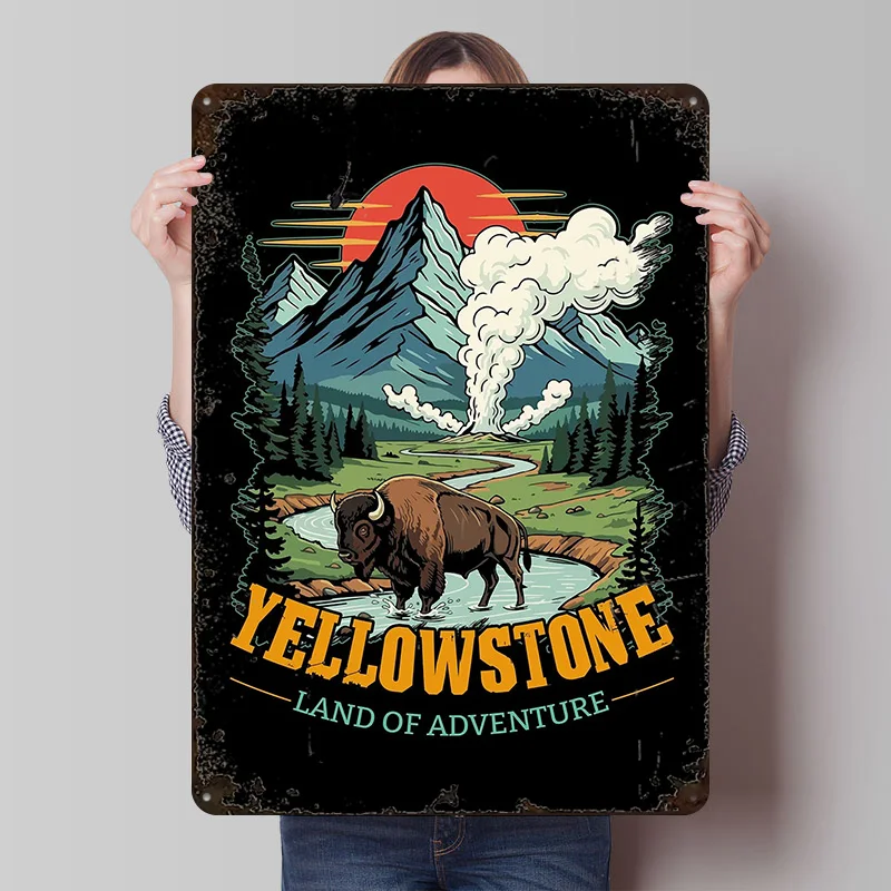 Yellowstone Bison and Geyser Landscape Poster Customized Vintage Metal Signs Wall Art Retro Tin Plaque for Gamer Room Decoration