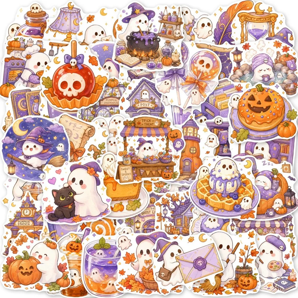 50Pcs Healing Pastel Halloween Stickers, Cute Ghost Pumpkin Dessert Doodle Waterproof Decal for DIY Journal Giajar Sticker Store