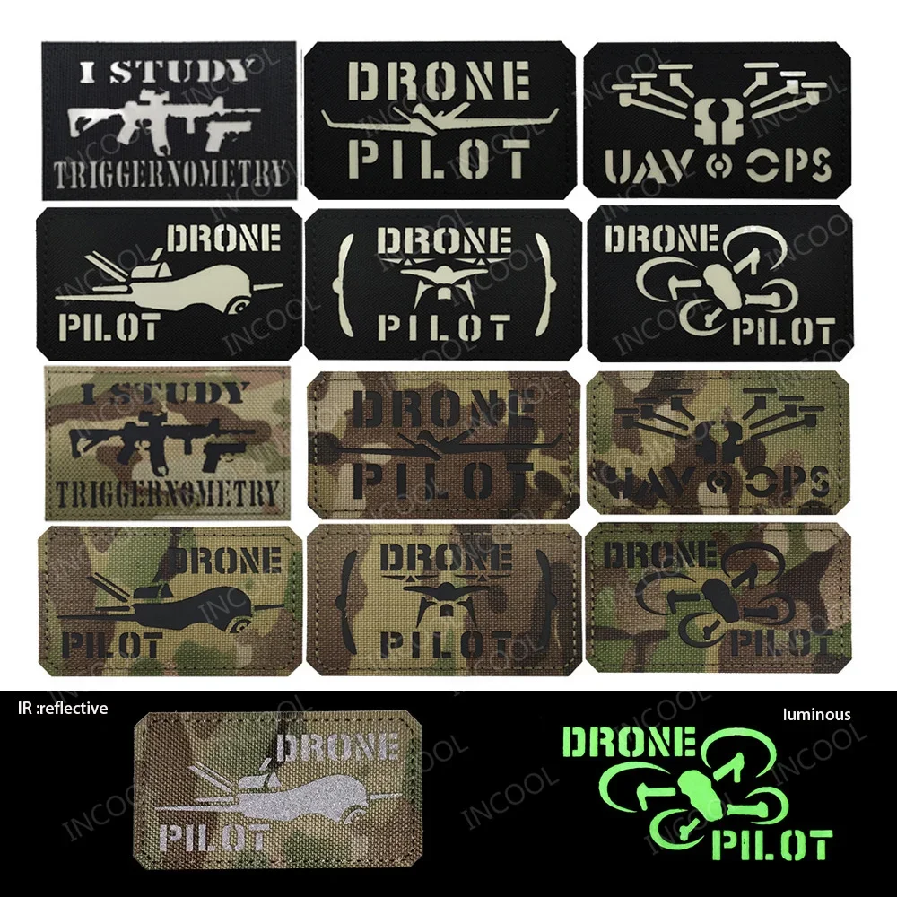 Drone Pilot Embroidered Patches Rubber White Glow In Dark Decorative Armband Laser Cutting IR Reflective Tactical Backpack Patch