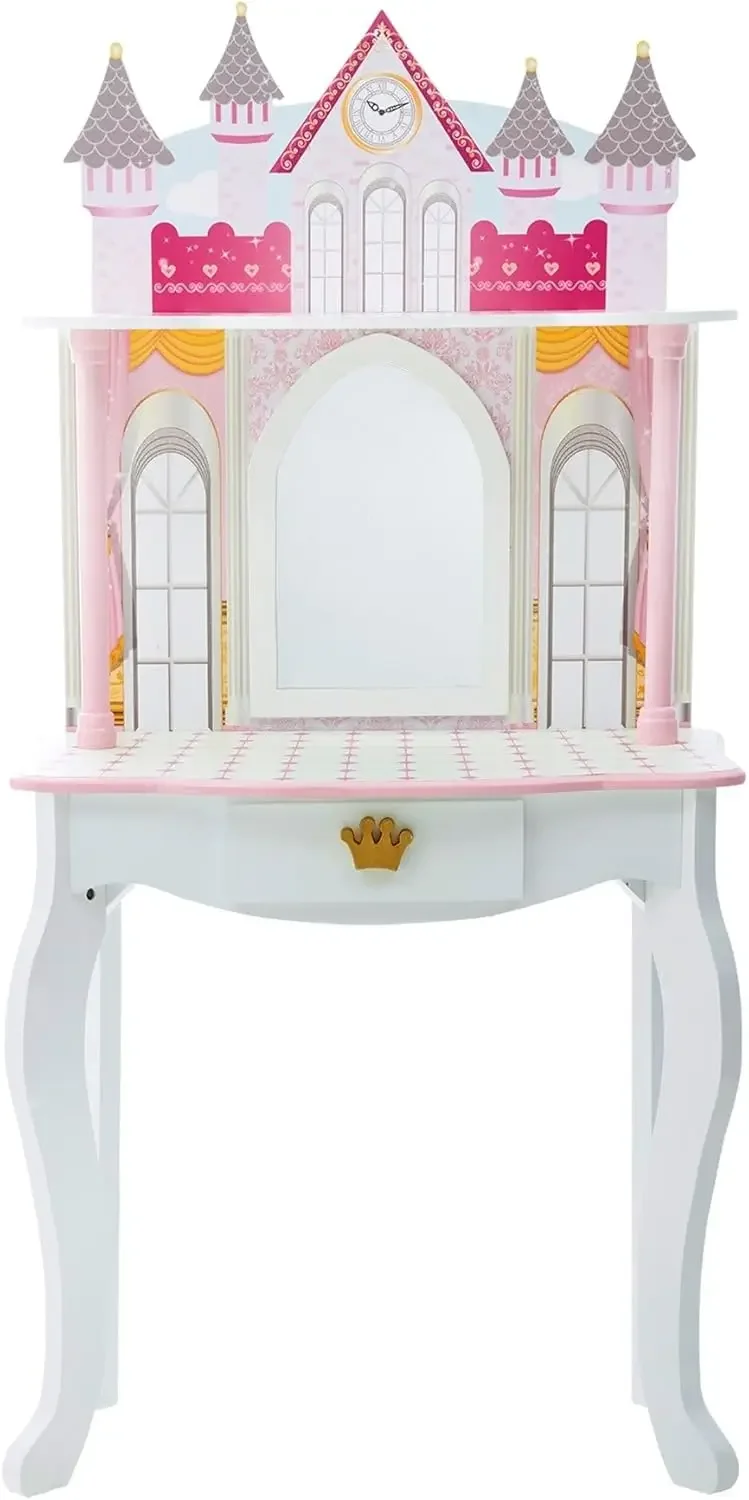 Kids Dreamland Princess Play Vanity Set with Mirror, Shelf, Storage Drawer, Stool, and Accessories for 12