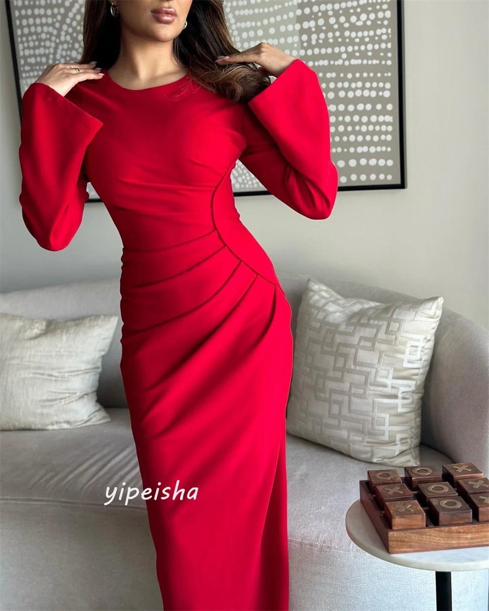 Jiayigong-Cetim Plissado Ruched Bainha O-Neck Vestido, Clubbing Vestidos, manga comprida, Ocasião Bespoke