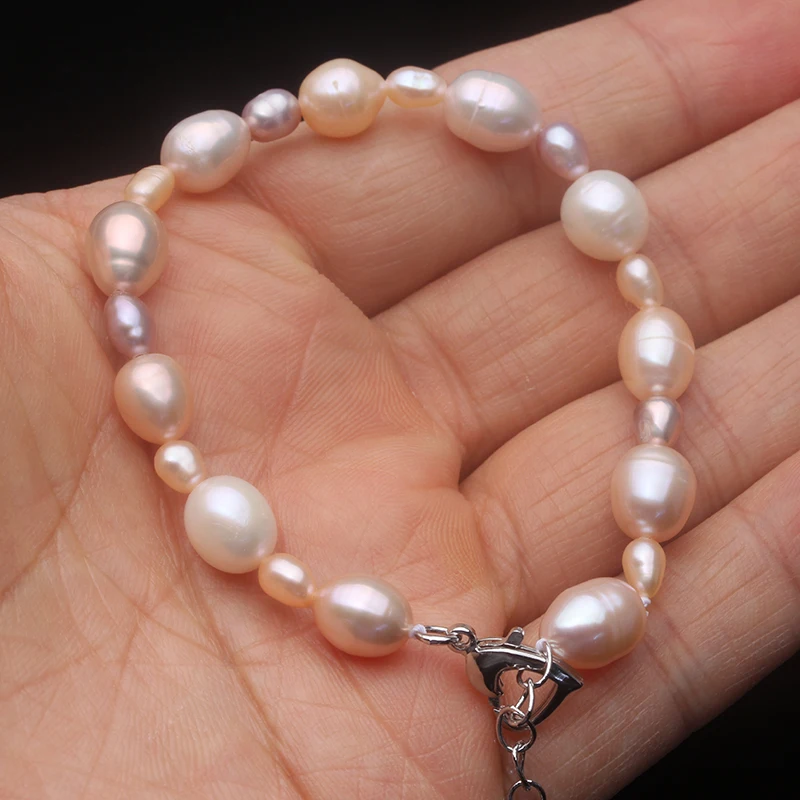 Multi Color Natural Freshwater Pearl Bracelet Ladies Woman,Real White Pearl Jewelry Bracelet Wife Mother Birthday Gifts 18-21cm
