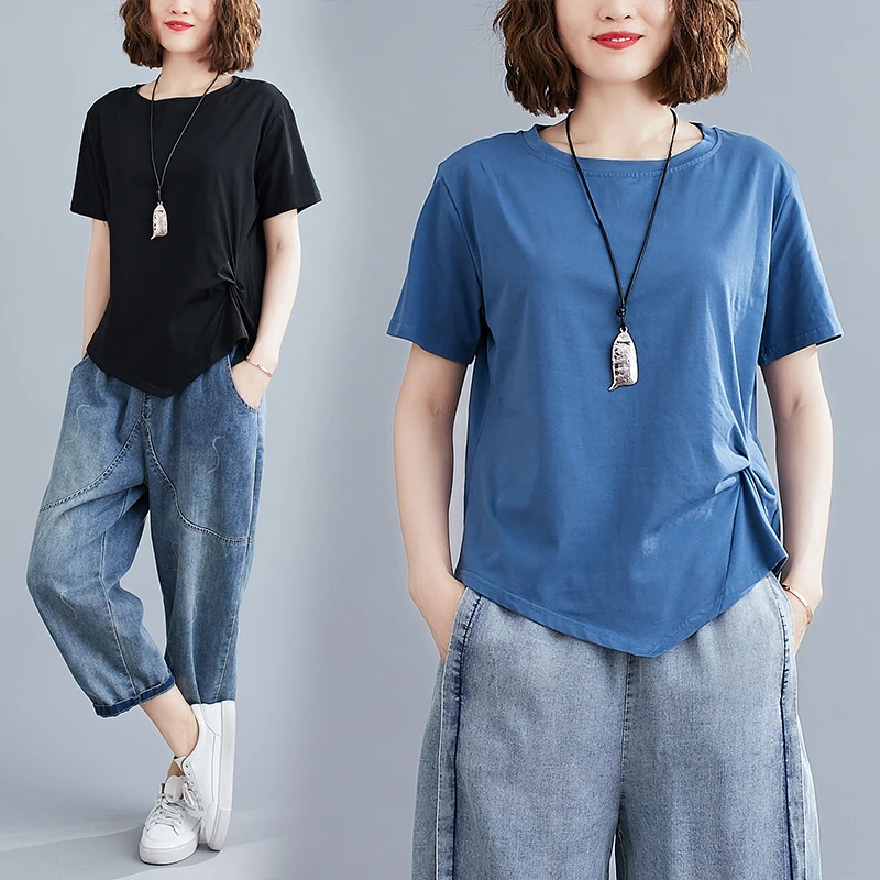 

Loose Fit ort Sve round Ne Color Cotton Linen Blend T-irt Women's plus Size Casual Comfortable Top