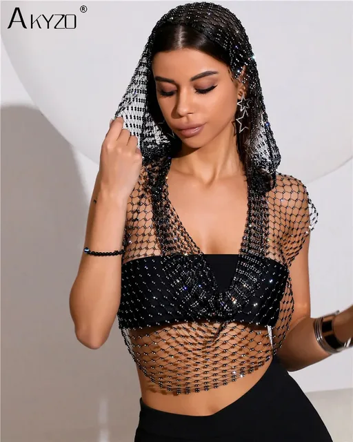 Seksowna koszulka bez ramiączek z głębokim dekoltem V dla kobiet Błyszczący Rhinestone Hollow See Through Fishnet Tank Top Rave Festival Crop Tops