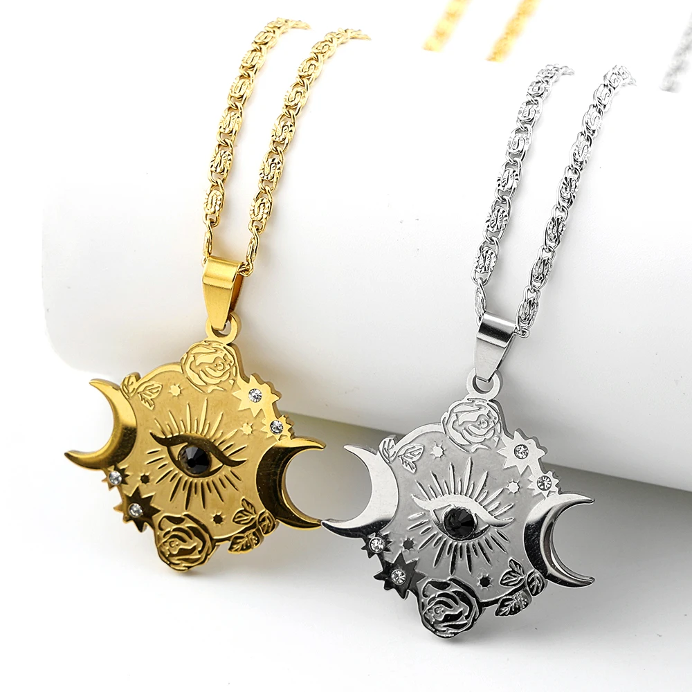 Triple Moon Goddess Black Evil Eye Pendant Necklace for Women Men Stainless Steel Gold Color Star Rose Flower Chain Jewelry Gift