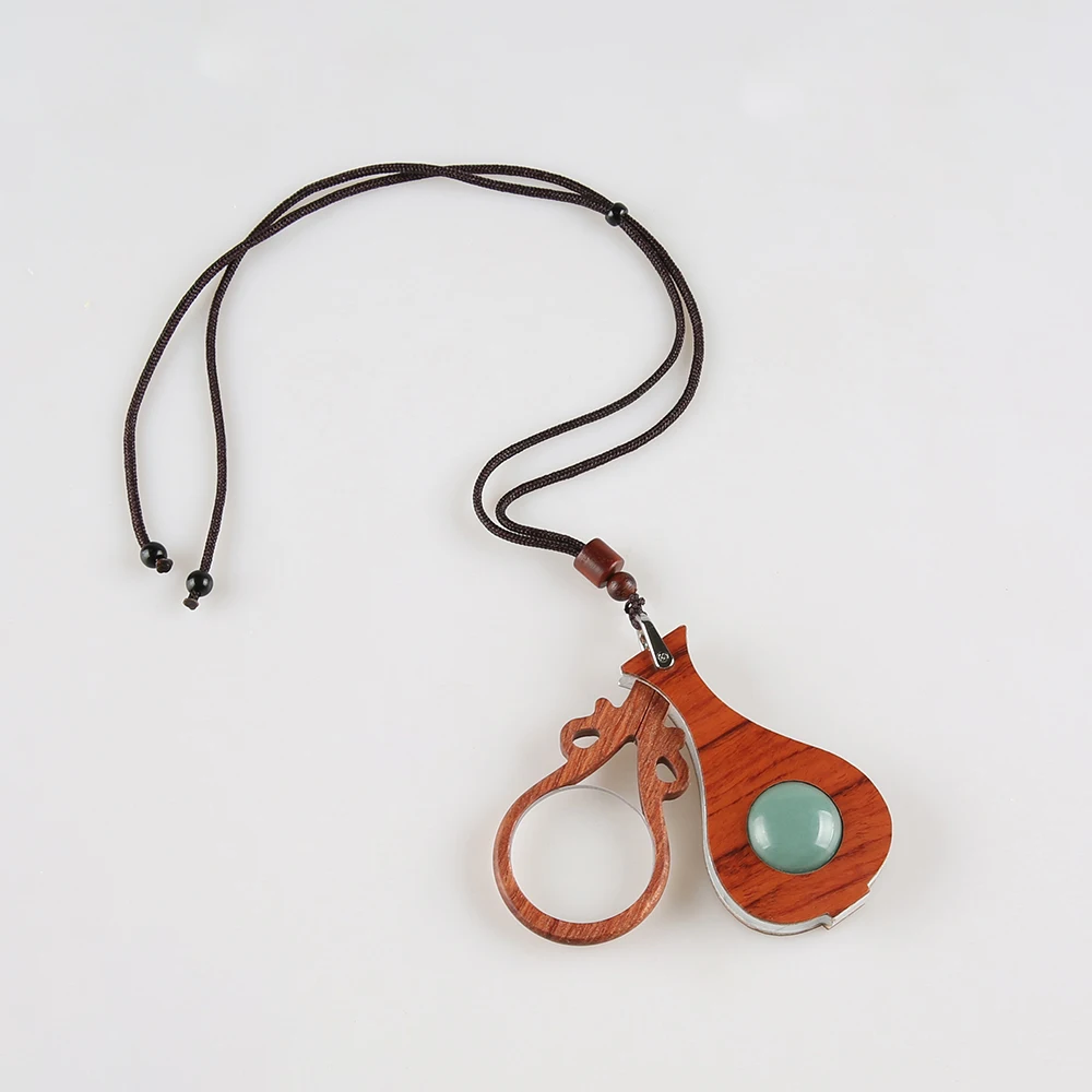 Nilerun Rosewood Inlaid Green Celadon Bead Gourd Pendant Necklace, Vintage Red Wood Replaceable Lens Reading Glass Magnifier
