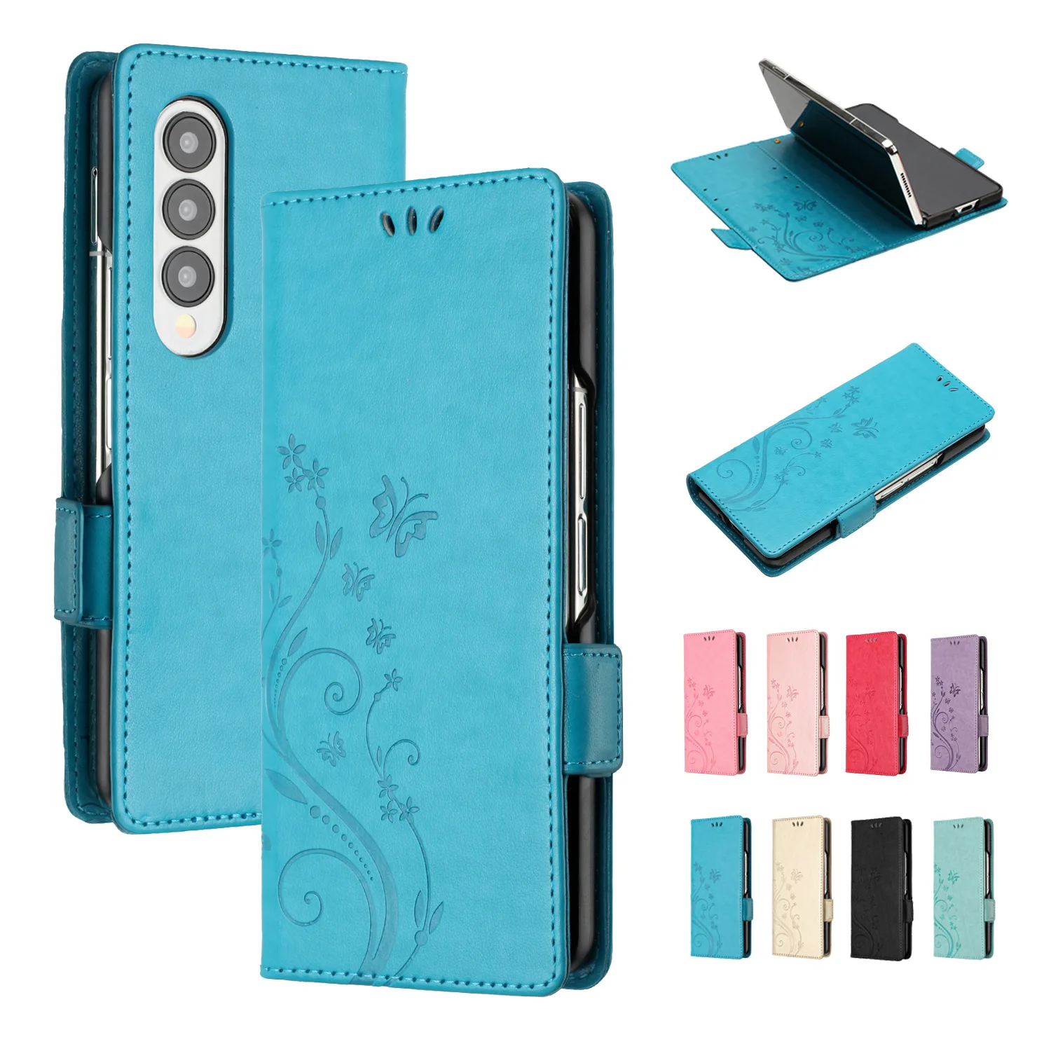 Japanese Korean Women Embroidered Butterfly Flower Card Slot Flip Wallet Leather Case Cover For Samsung Z Fold 7 6 5 5G
