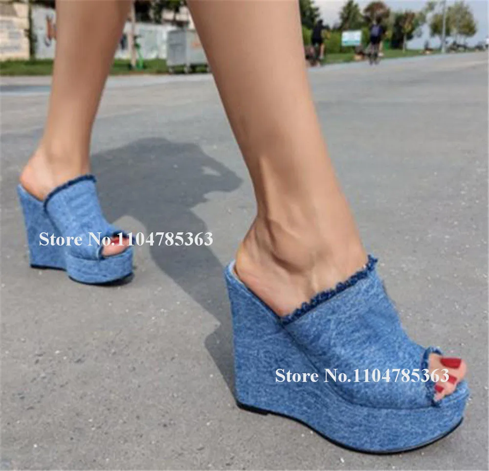 

Western Fashion Blue Denim High Heel Wedge Slippers Peep Toe Fringes High Platform Slip-on Wedges Big Size Casual Wedge Sandals