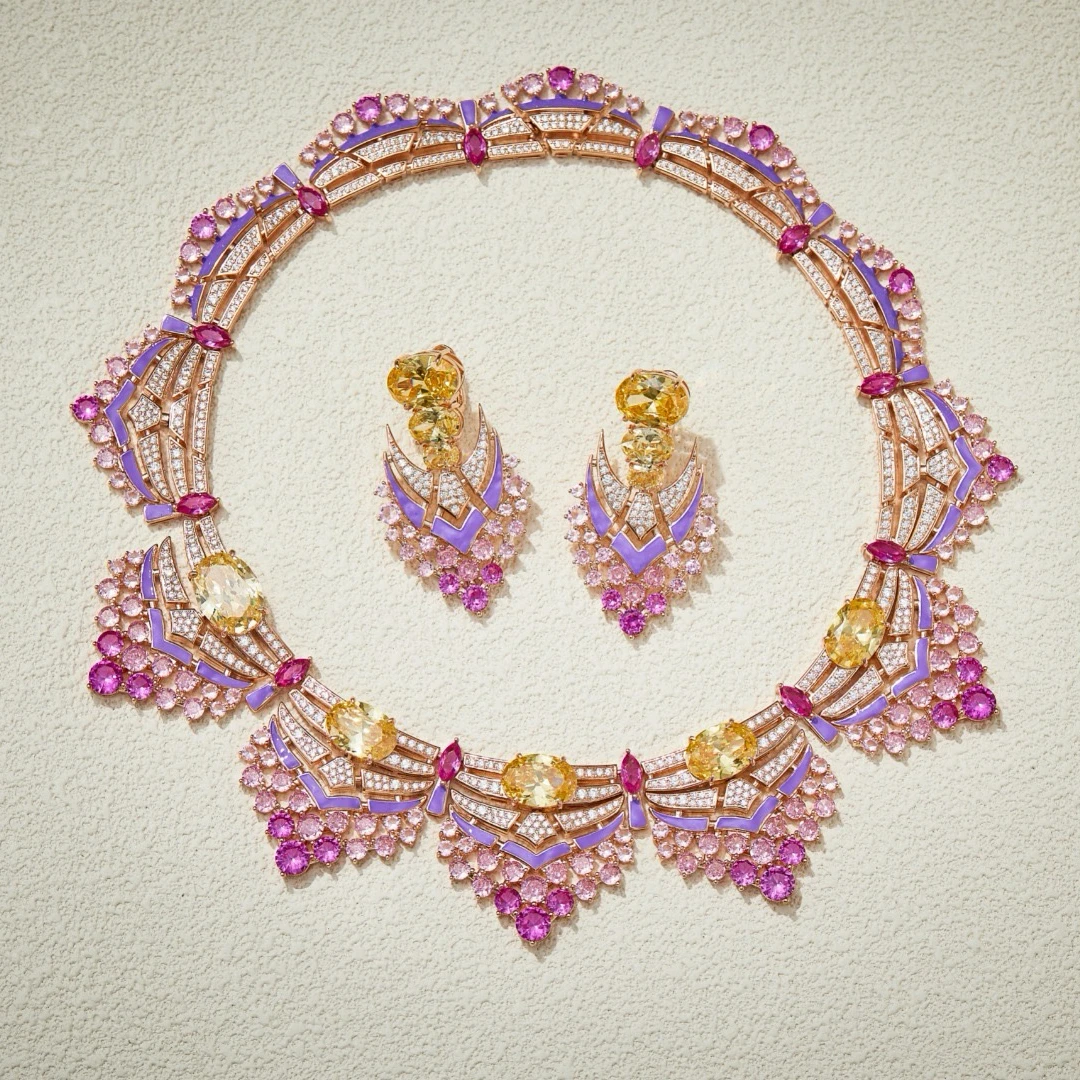 

Luxury Temperament AAA Zircon Geometric Pink Purple Necklace Drop Earrings For Women Wedding Party Evening Dress Jewelry Set