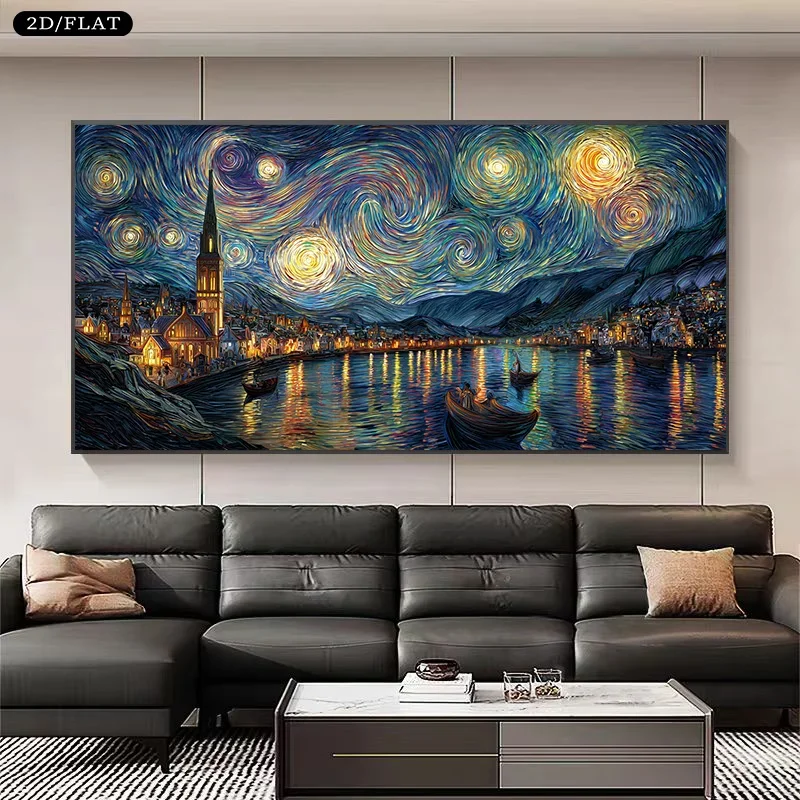 Frameless Canvas Painting2D/Flat Large Van Gogh Abstract Starry Night Canvas Wall Art - Frameless Swirling Night Sky Canvas Prin