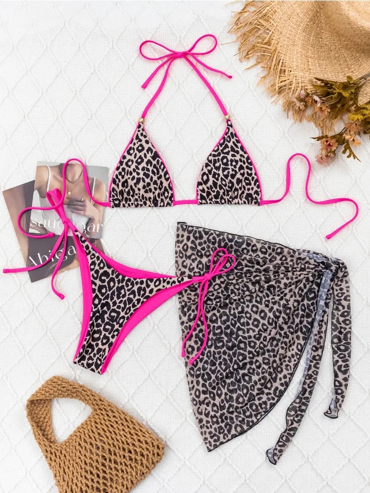 

Sexy Women 2025 New Pink Leopard Print Contrast Push Up Mesh Skirt 3 Piece Bikini Set Thong bathing suit swimsuit beach outfits