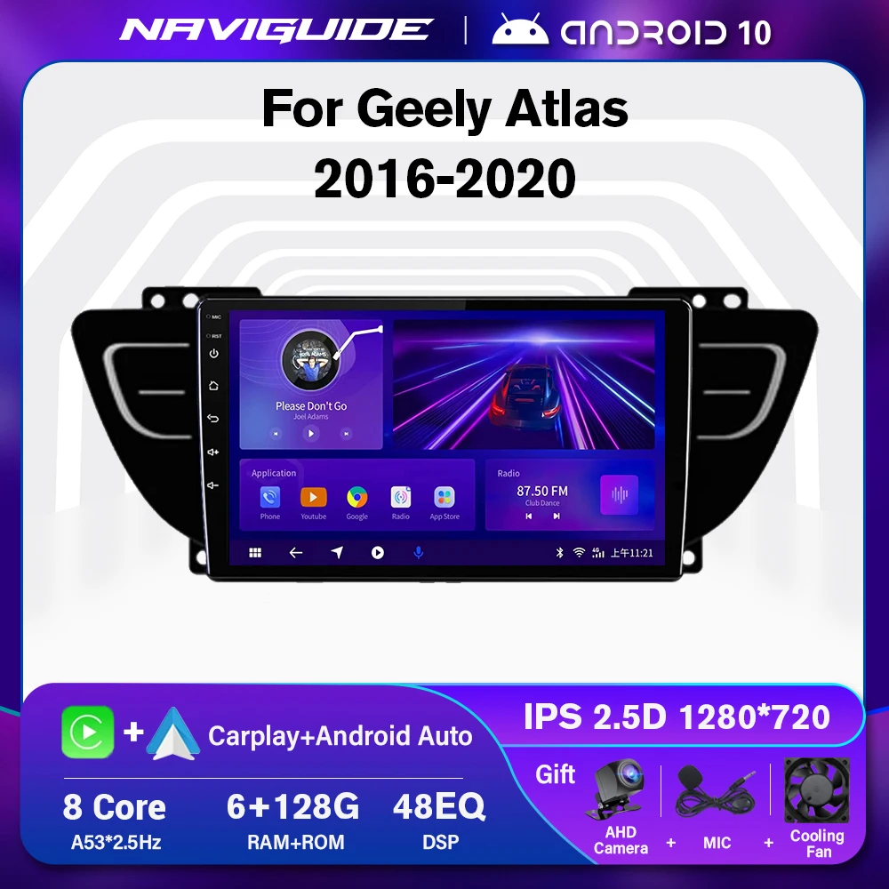 

NAVIGUIDE P1 6+128G Car Radio For Geely Atlas 2016-2020 Android 10.0 Stereo Multimedia Player Carplay Headunit Autoradio NO DVD