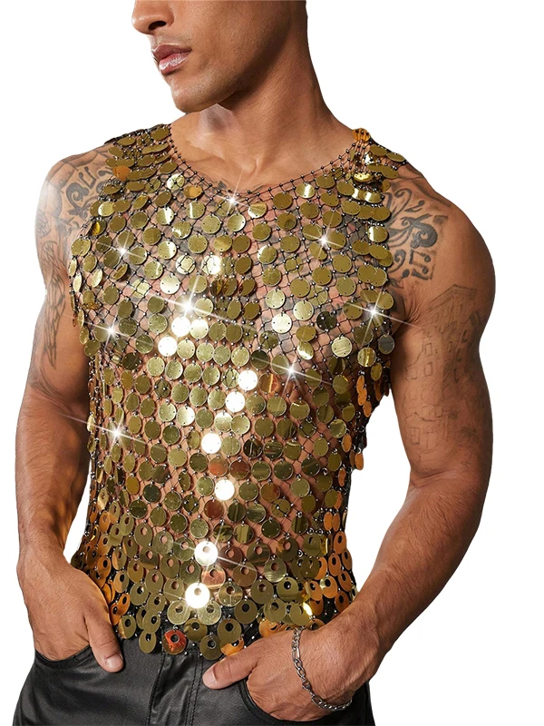Sexy Hollow out Crop Top Club Party Netting Sequin Women's Vest Men's Tank Top Cross-Border Flash Diamond Transparent Design