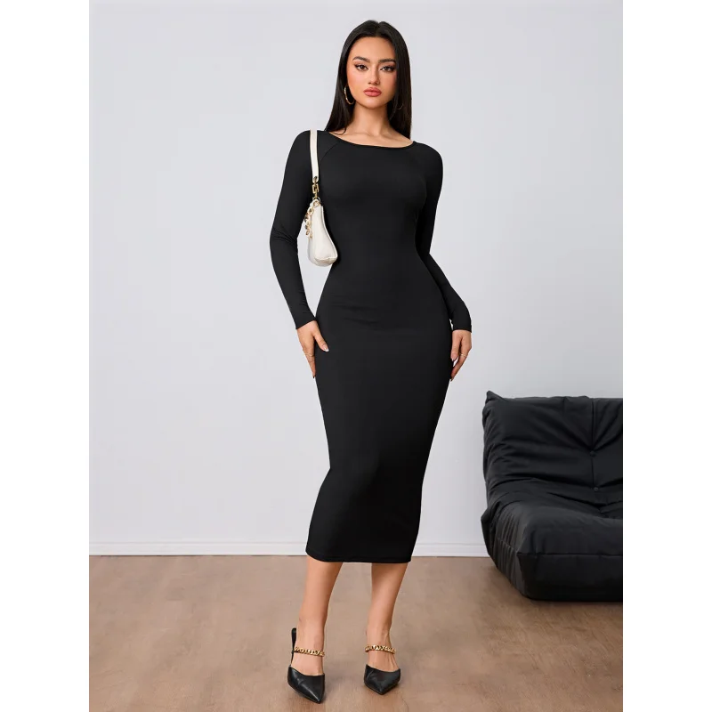 

Women's Fashion Simple Dress Autumn Winter Sexy Backless Bodycon Midi Dress