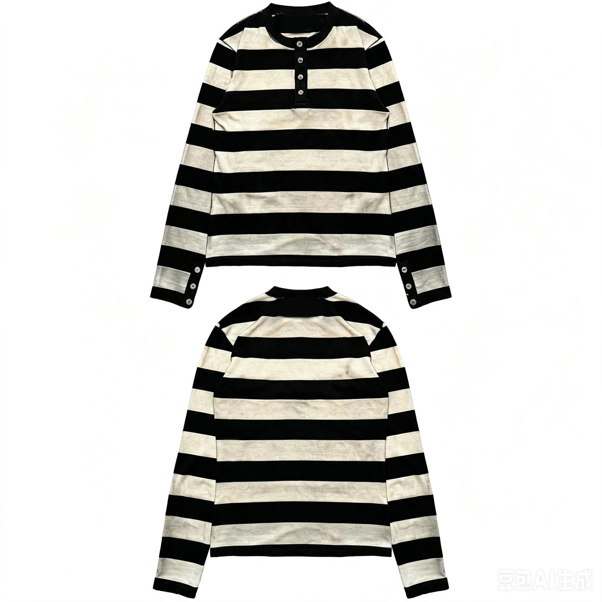 MEN Vintage Black White Stripe Long Sleeve Top Henley Collar Button Cuff Y2K Grunge Slim Casual Streetwear T Shirt