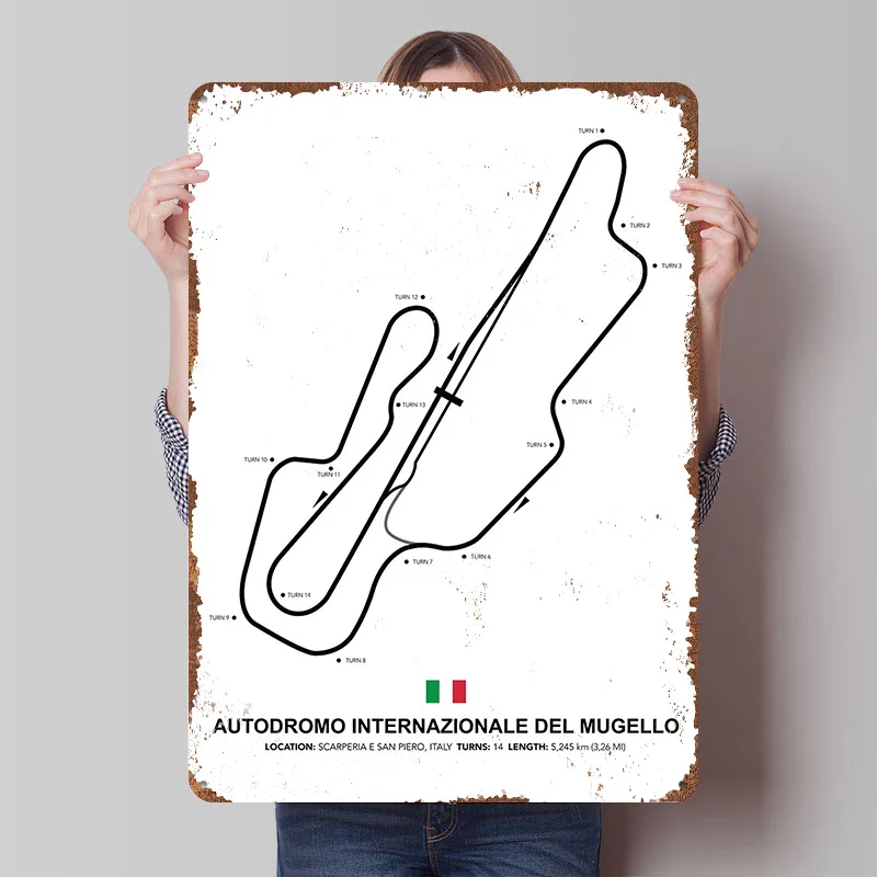Circuit Mugello Gedrucktes Poster Personalisierte Wandkunst Retro Vintage Metallschilder für Heim- und Zimmeraccessoires Männerhöhle Dekoration