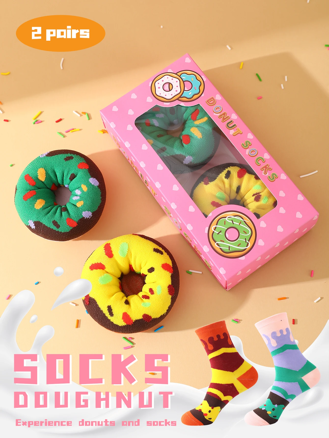 2 pair of mid-calf unisex socks in a sweet doughnut shape, a novel and creative fun holiday gift.