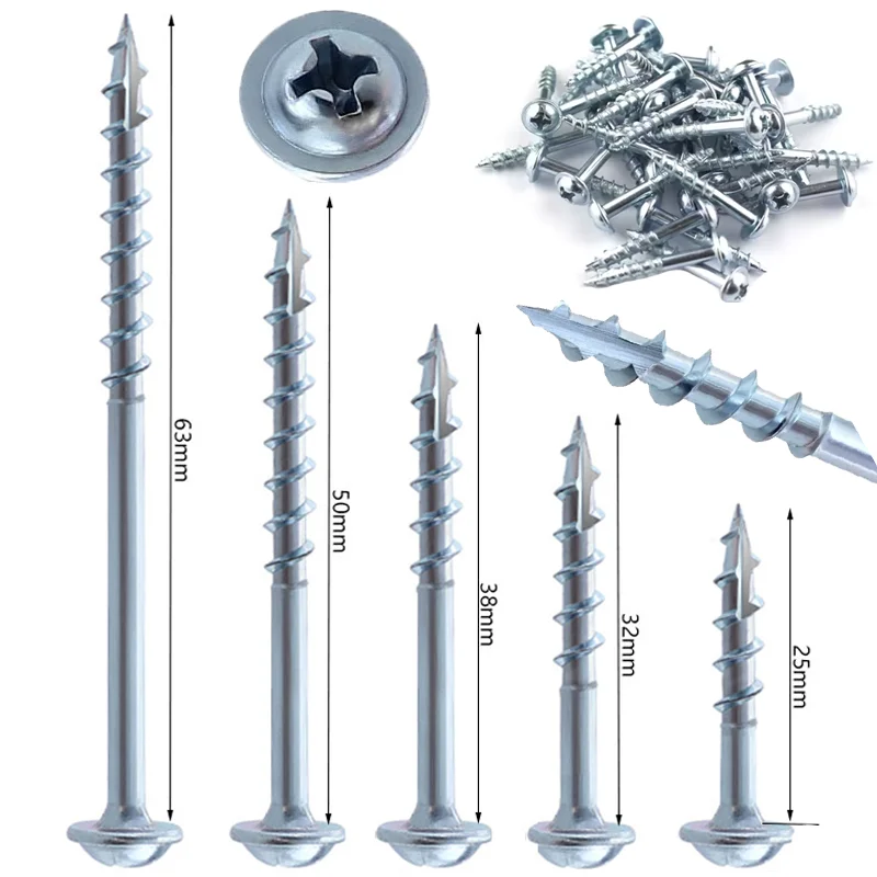 100pcs Self Tapping Screws, Cross Head Slotted, 25/32/38/50/63mm, Suitable for Pocket Hole Clamp System Pocket Hole Screws