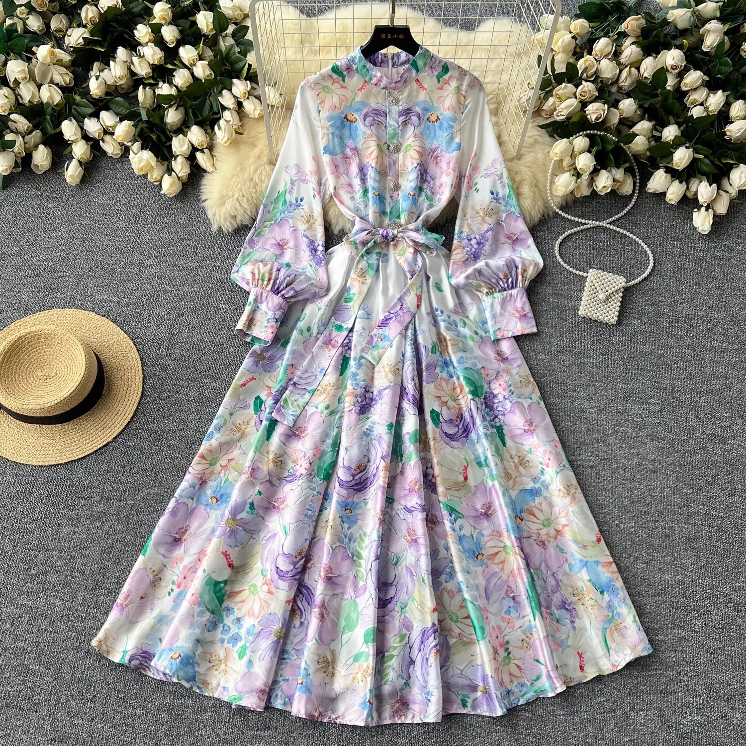 

Spring Summer Gorgeous Flower Long Dress Women's Stand Lantern Sleeve Floral Print Beaded Buttons Lace Up Belt Mini Vestido 2513