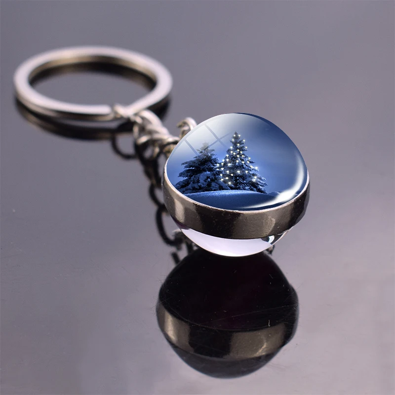 Snow House Keychain Double Sides Christmas Tree Glass Ball Key Chain Car Keyring Christmas Gift