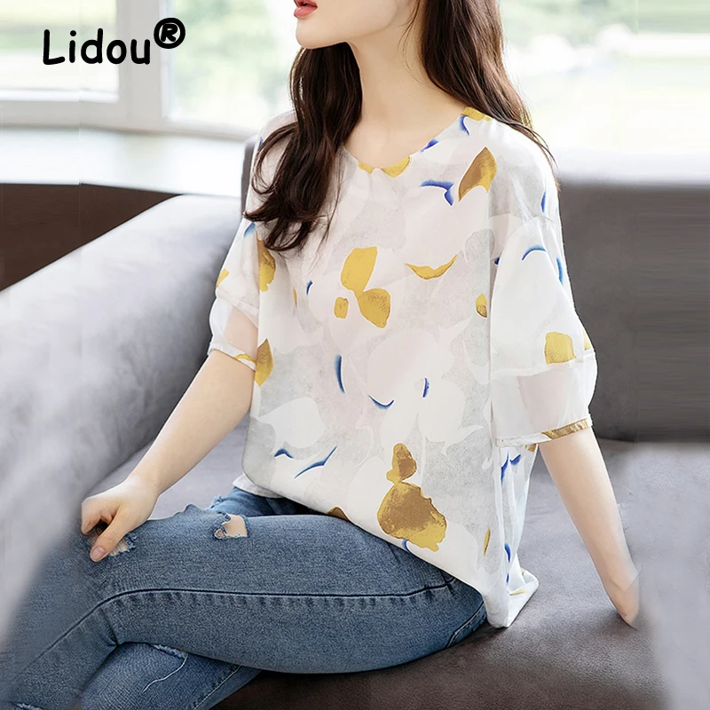 

Women Korean Fashion Print O Neck Short Sleeve Elegant Blouses 2024 Summer Simple Casual Street Irregular Tops Blusas Para Mujer