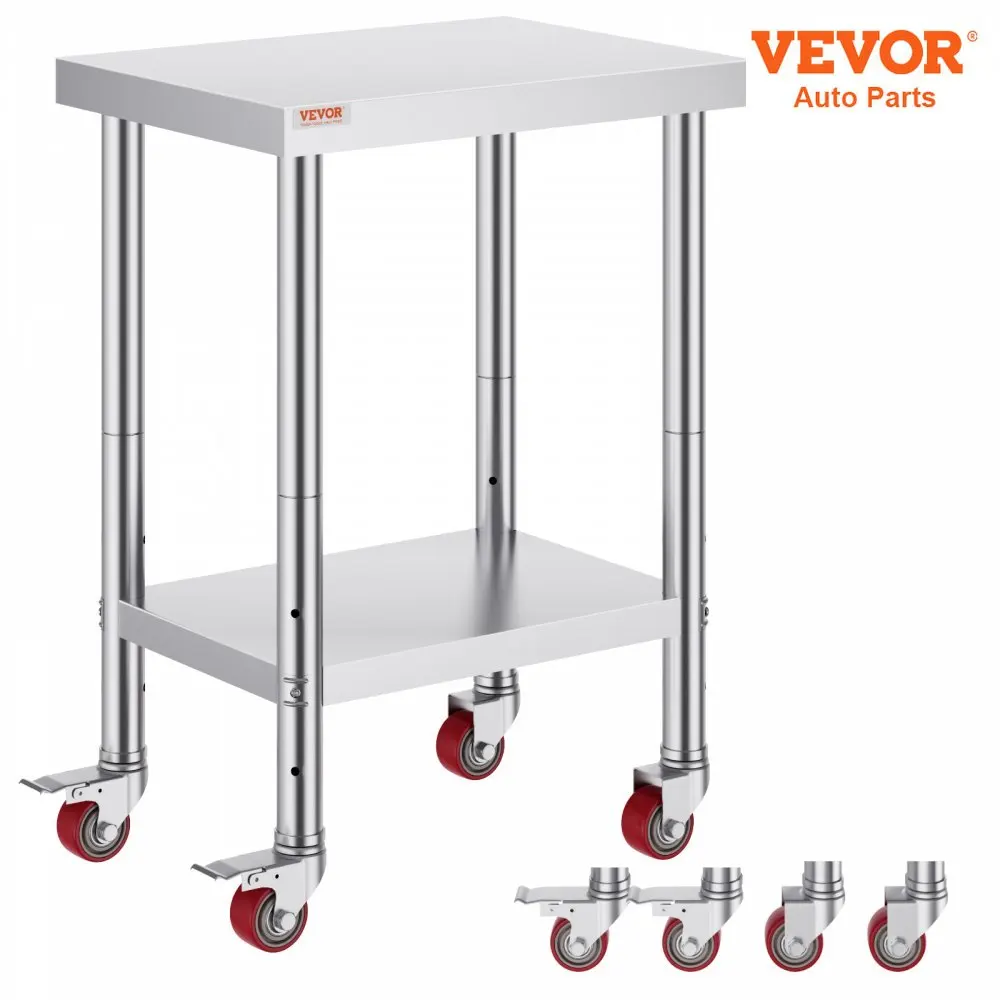 VEVOR Stainless Steel Work Table  700 LBS Load Capacity with 4 Wheels 3 Adjustable Height Levels  Heavy Duty Food Prep Worktable