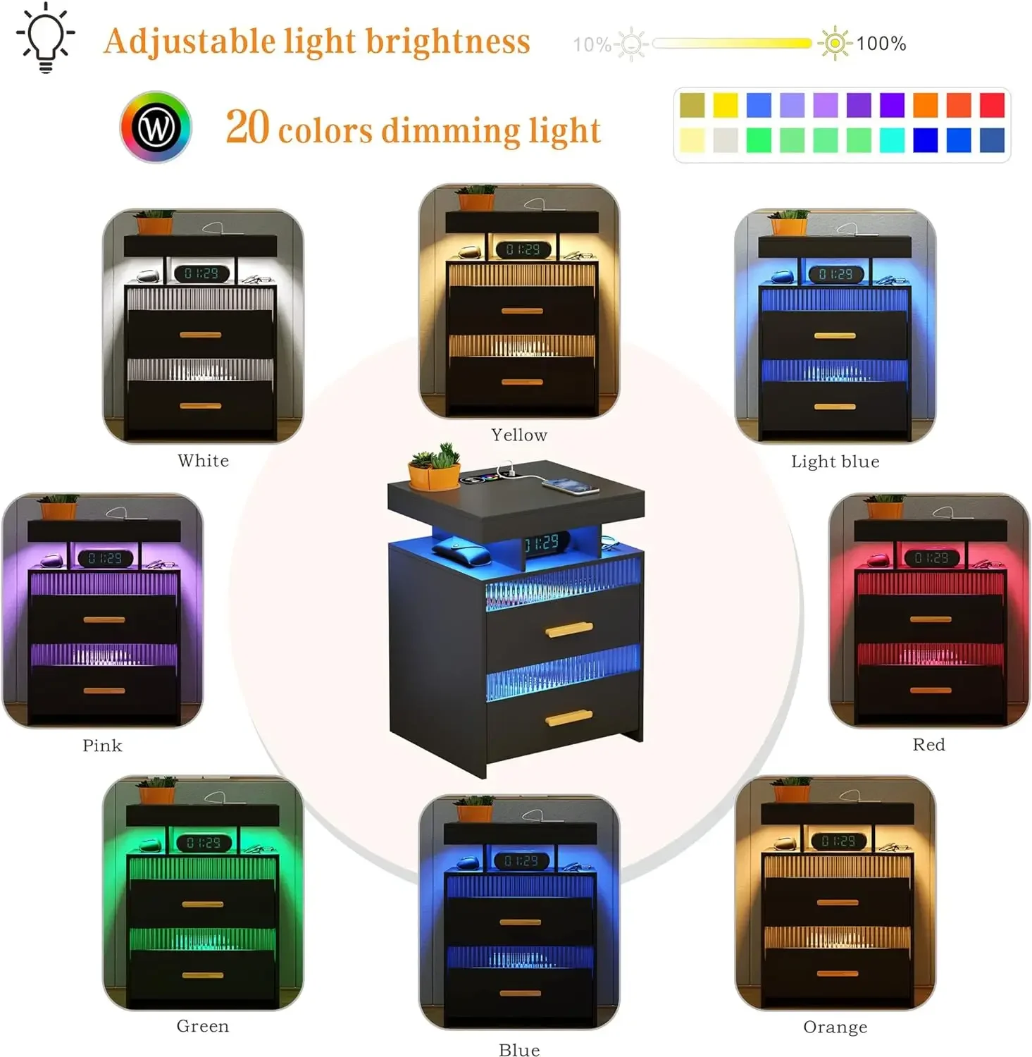 Black Nightstand with Charging Station: LED Bedside Table with 2 Drawer & Open Storage Shelf Smart End Table with Human Sensor