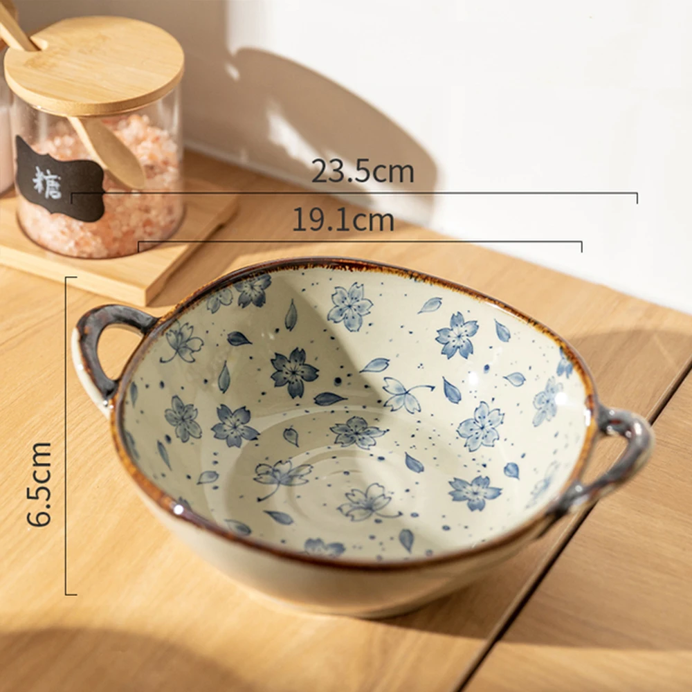 7.5inch Japanese Household Noodle Bowl Ceramic Soup Bowl With Handle Salad Pasta Bowl Kitchen Tableware Microwave Oven Bakware