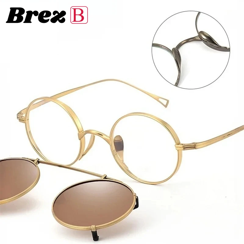 Brez كليب على النظارات الشمسية المغناطيسية نظارات دائرية التيتانيوم النقي الرجال النساء الراقية إطار النظارات البصرية Gafas وصفة طبية عدسة