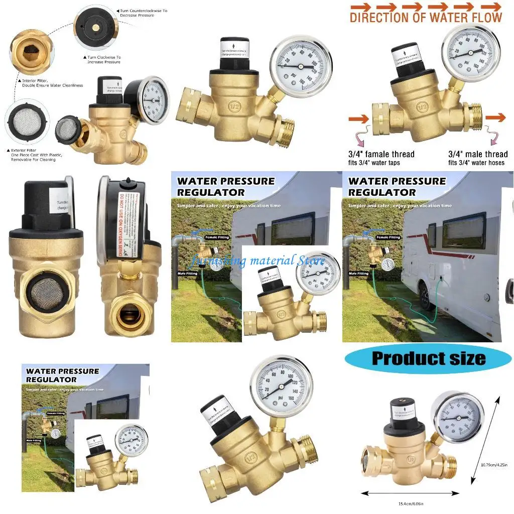 

Y5GD Water Pressure Regulator with Gauge for Campers Knob Adjustable Universal