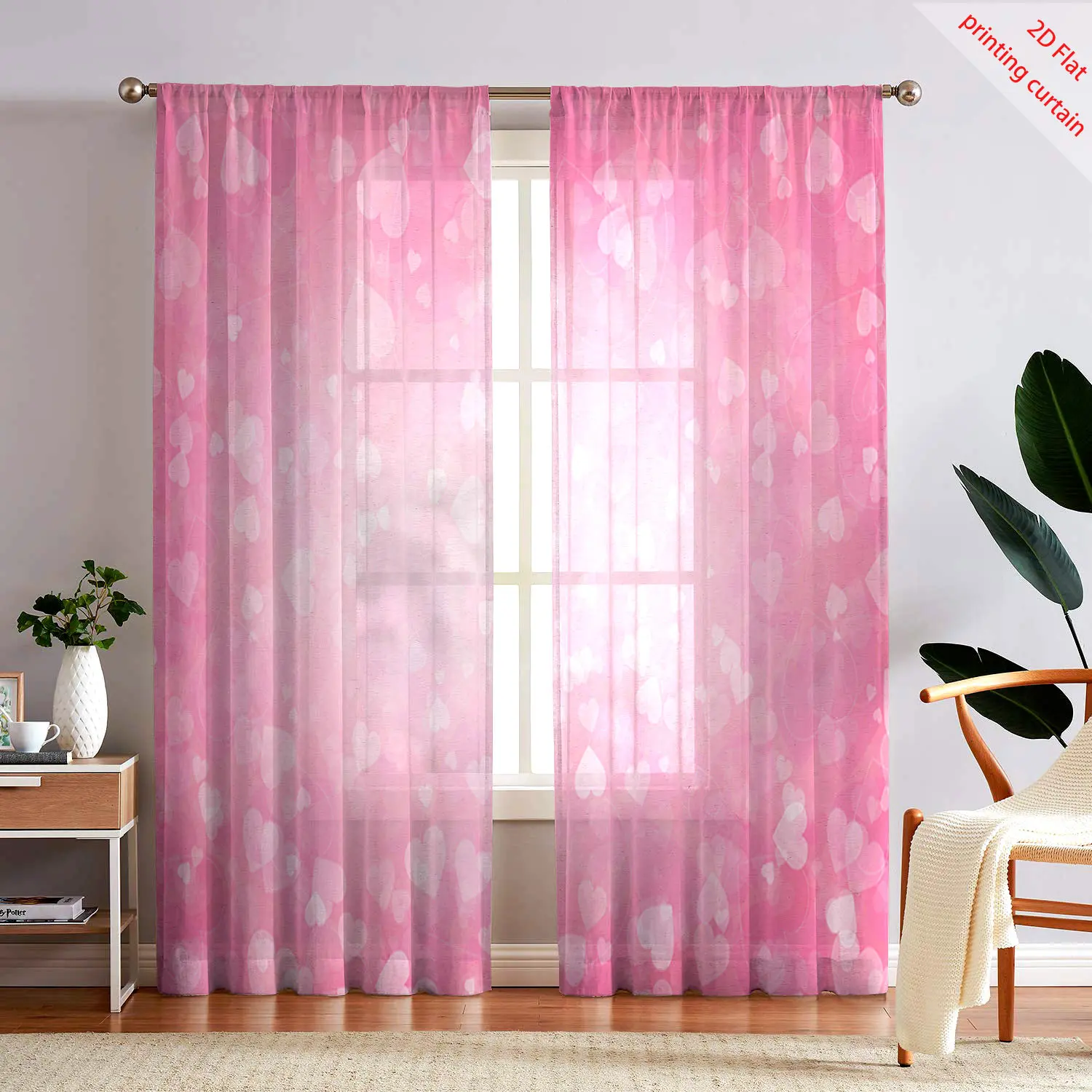 Heart shaped printed transparent gauze curtain, suitable for home decoration, suitable for living rooms, bedrooms, balconies