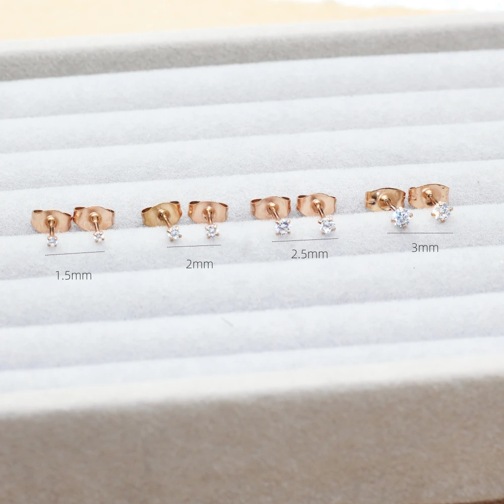 Sumper Mini 1.5MM 2MM 3MM Zircons Stud Earrings Rose-Gold Plated With Stainless Steel For Men And Women