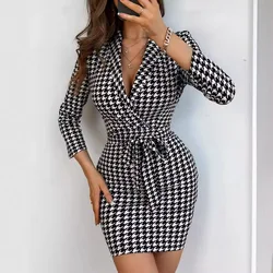 Fashion Women's Houndstooth Printed Slim Dress Sexy V-neck Lace Up Skinny Party Club Dress Temperament Elegant Bodycon Vestidos