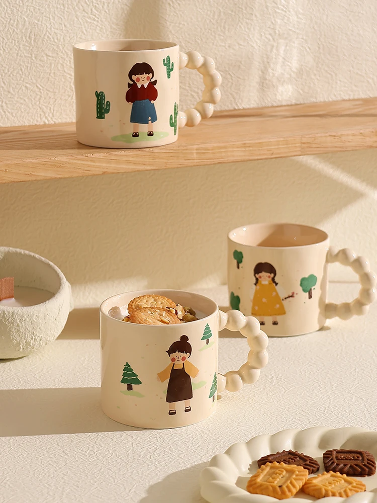 Cute Ceramic Mug Dress Girl Series Cartoon Print Pearl Handle Coffee Cup Set Cafe Breakfast Water Cups Friend Gift Home Decor