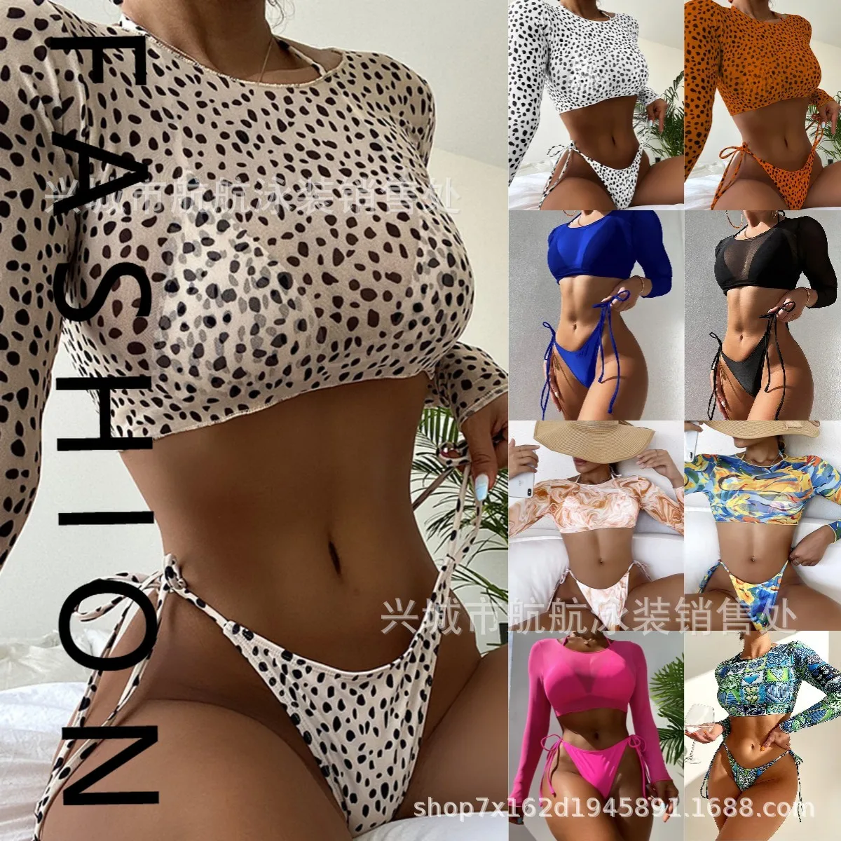 

2025 new bikini three-piece long-sleeved blouse swimsuit BikiniWISH polka dot mesh sexy