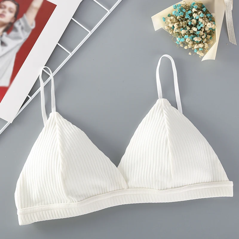 

Women Sexy French Triangle Bra Solid Knit Rib Full Coverage Wireless Adjustable Thin Padded Brassiere