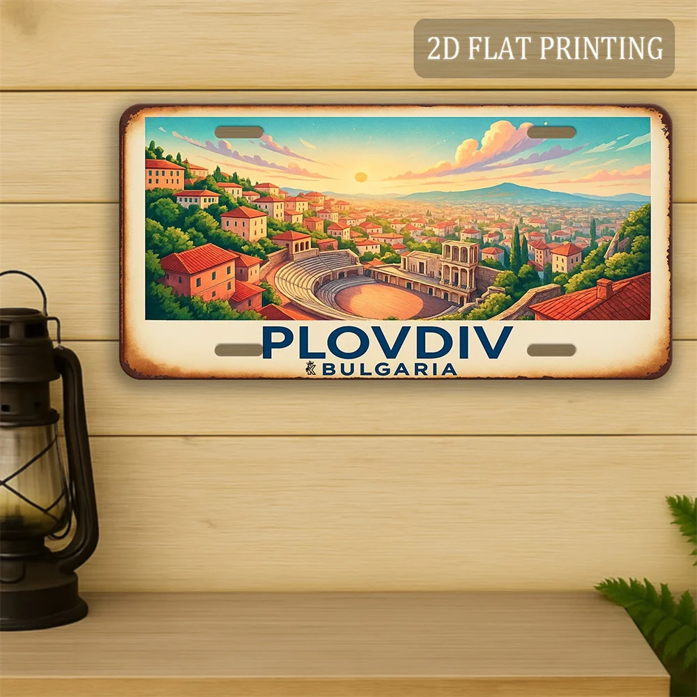 2D Flat - Plovdiv, Bulgaria Panorama Aluminum Sign | 12.0inch x 6.0inch, Vintage Illustration with Distressed Rust Edges, Decora