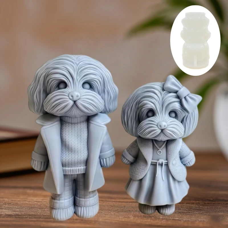 Cute Suit Couple Dog Candle Silicone Mold Bow Wedding Dress Couple Bear Resin Mould Skirt Suit Smile Cute Dogs Paste Molds