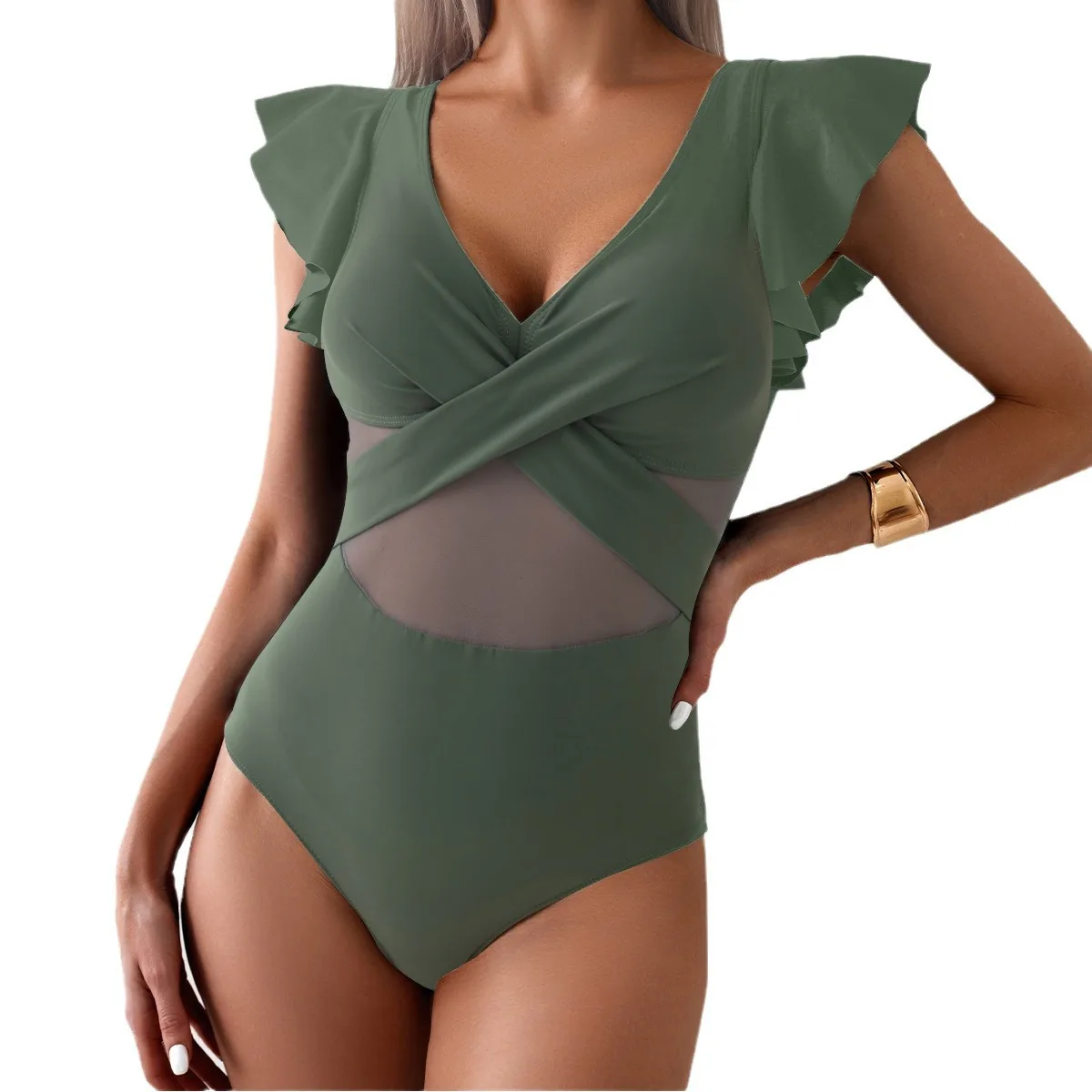 Bañador unicolor de una pieza para mujer, Monokinis con volantes y cuello en V profundo, novedad de verano 20224, traje de baño de retazos de malla para playa, traje de baño para mujer