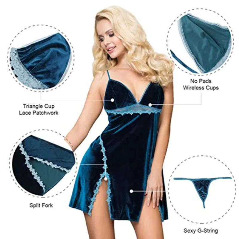 Comeondear Velvet Sleepwear Strap Large Size French Nightwear Lace Cami Top Pajamas Set Femme Intimate Sling Sexy Lingerie Dress