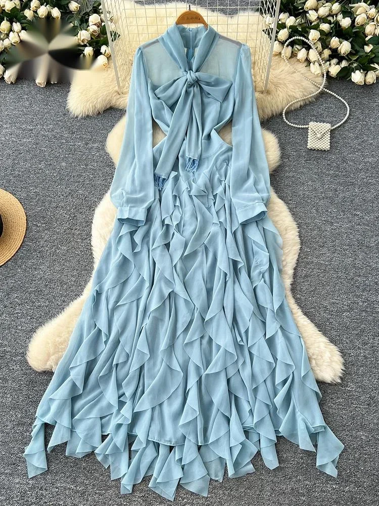 

Высококачественное шифоновое вечернее платье с бантом на шее, длинными рукавами, бисером, в стиле французского отпуска, с бахромой, роскошное длинное платье для вечеринок