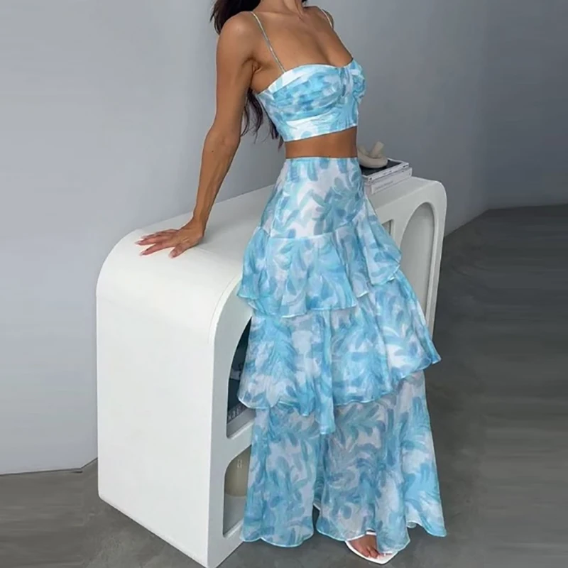 

Красивый сексуальный топ на бретельках и длинная юбка, комплект из 2 предметов, модный облегающий праздничный наряд без рукавов, летний синий сетчатый женский S с принтом