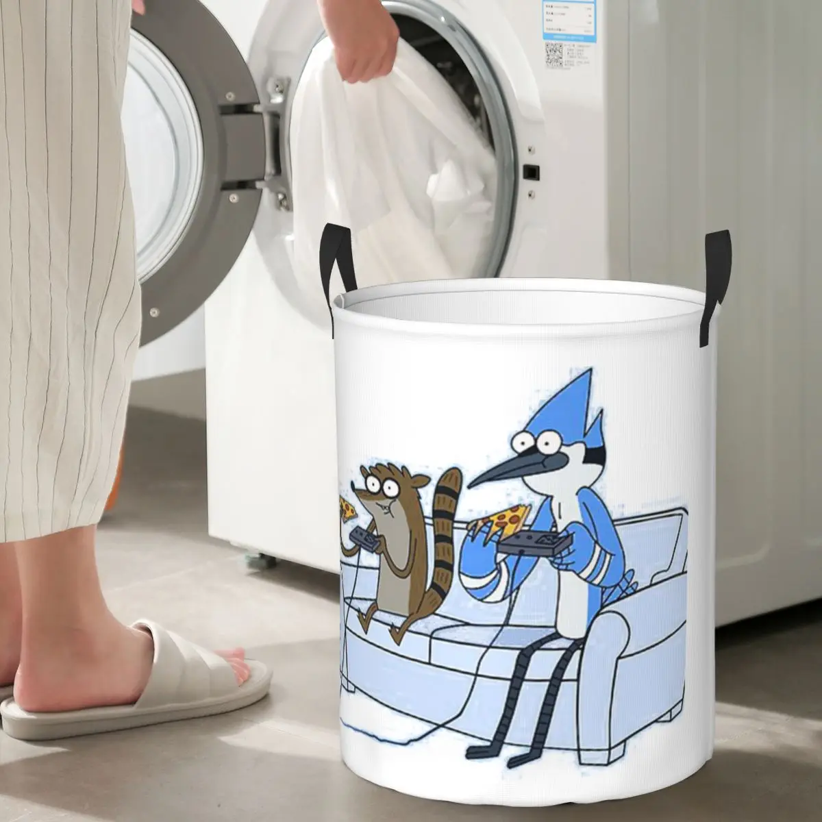 Mordecai And Rigby Pizza And Video Games Foldable Laundry Baskets Dirty Clothes Sundries Storage Basket Large Waterproof Hamper