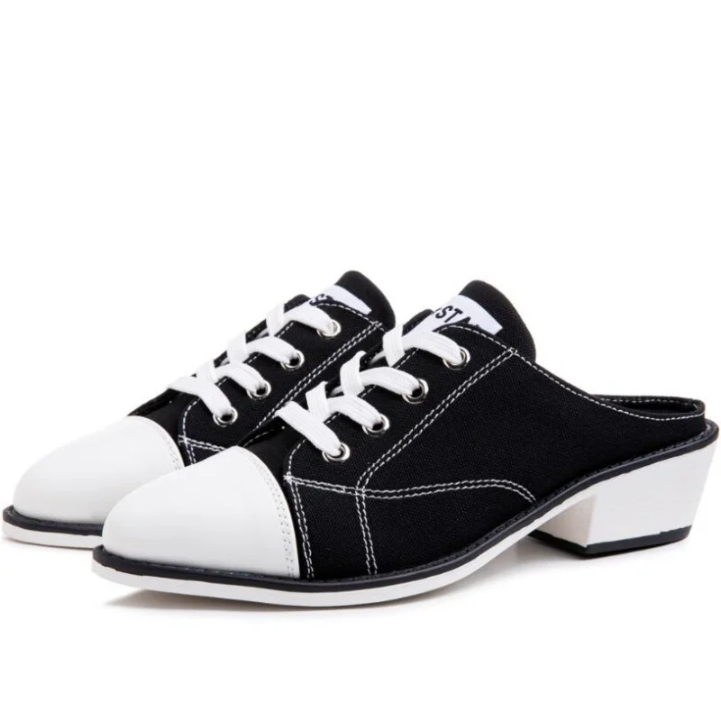 

Spring and summer new pointed one-pedal canvas square heel slippers casual large size strap low heel flat heel women's shoes