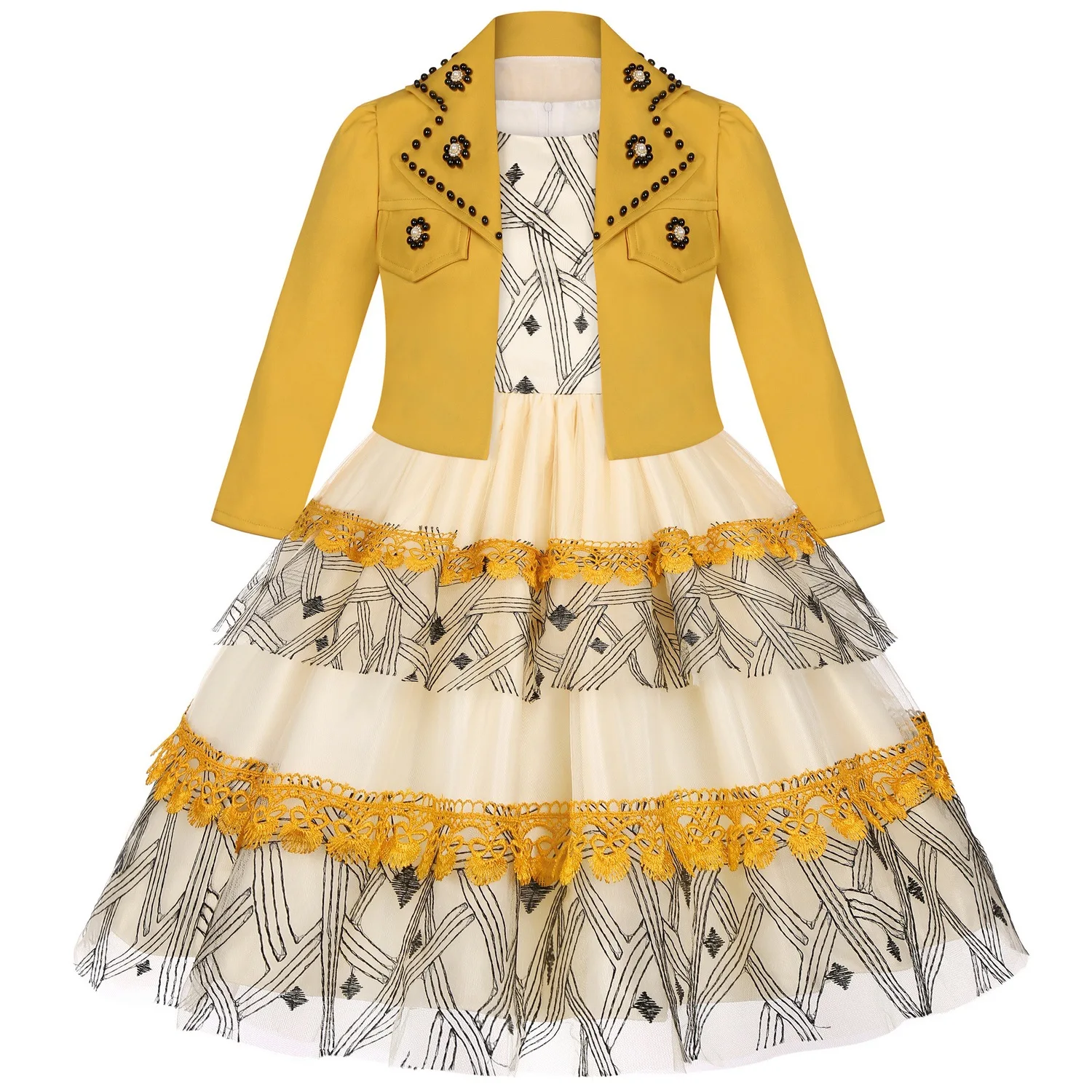 

Teenage Girls Long Sleeve Lace Embroidery Princess Tulle Dress For Kids Formal Banquet Pageant Birthday Party Prom Puffy Gown