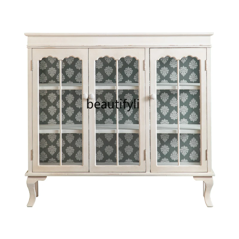 Credenza bianca invecchiata retrò in stile pastorale francese ingresso Foyer corridoio vetrina decorativa in vetro creativo