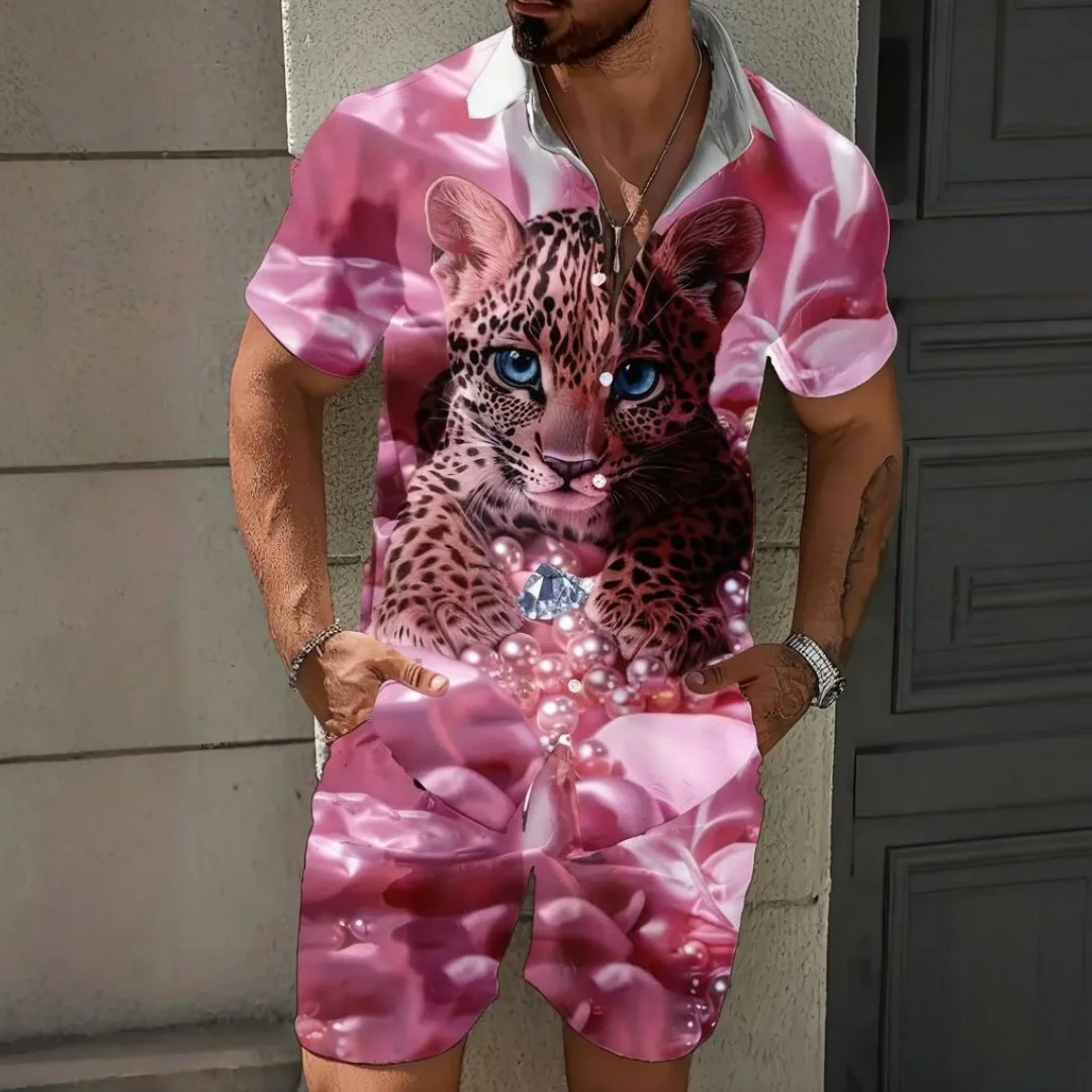 

Summer Men's Suit Daily Casual Short Sleeve Shirt Fashion Beach Shorts Hawaii Beachwear Animal Leopard Print Men's Clothing