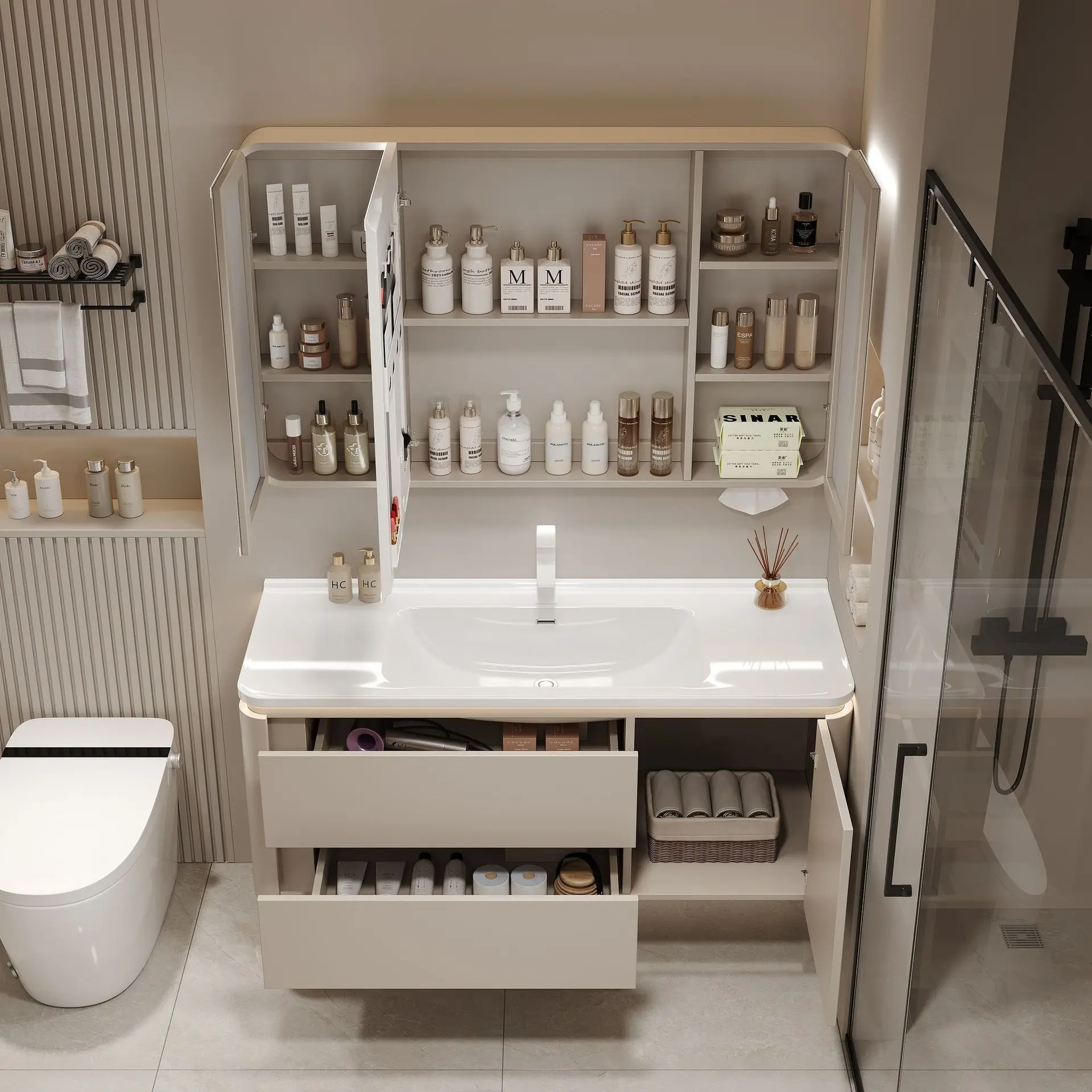 Modern Bathroom Intelligent Waterproof  Cabinet Combination Simple Washbasin Ceramic Integrated Storage Bathroom Mirror Cabinet