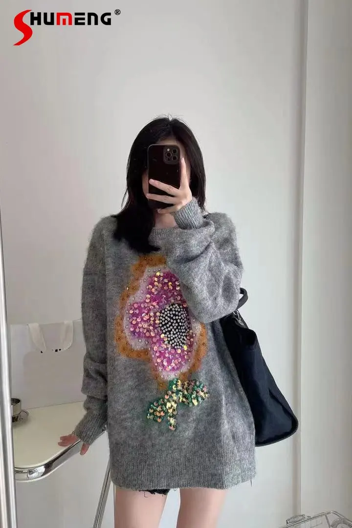 European Goods Autumn New Lazy Wind round Neck Diamond Loose Pullover Sweater Heavy Industry Mohair Sequin Flower Sweater